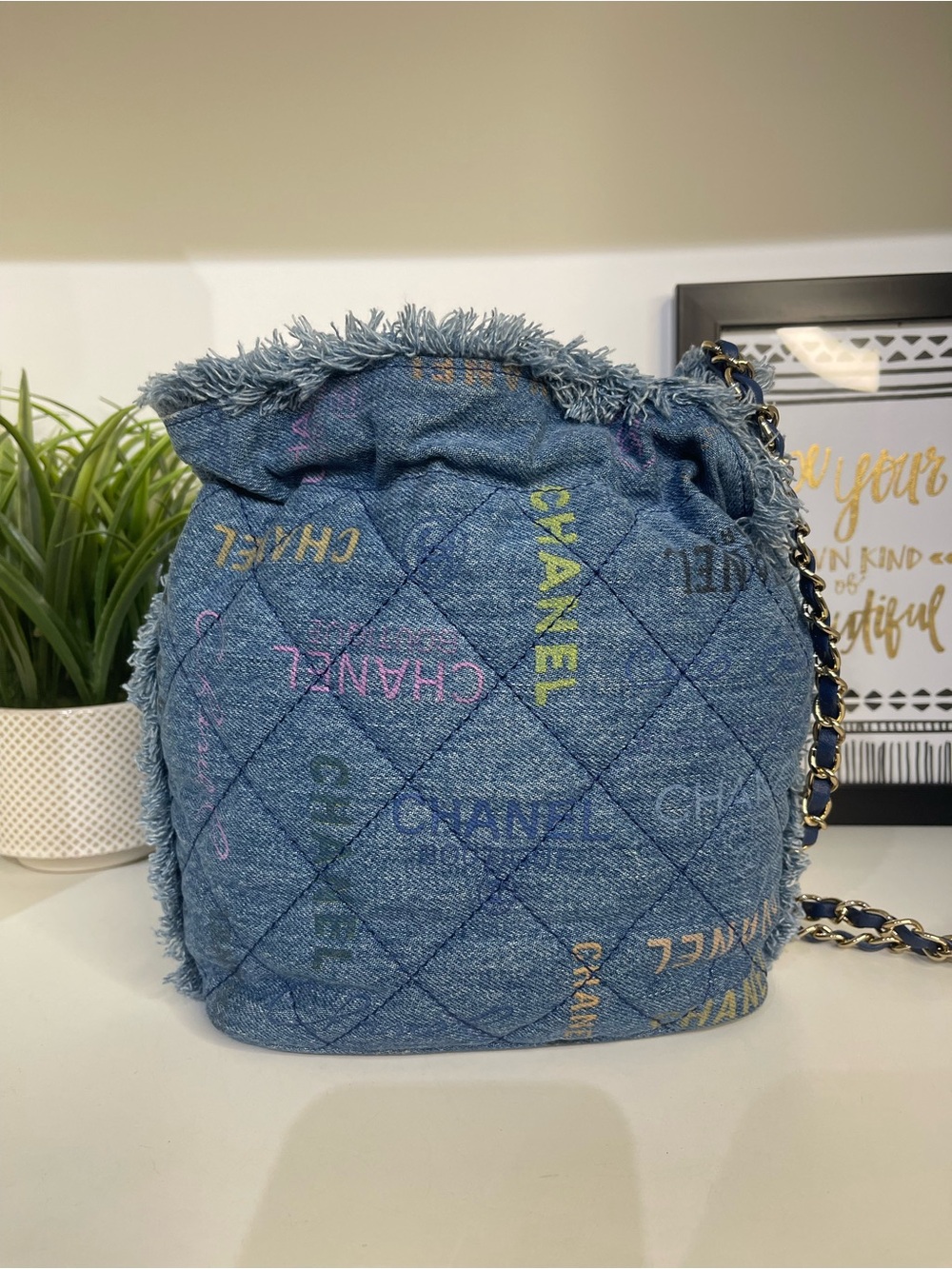 CHANEL Quilted Denim Drawstring Bucket Bag - Blue with Multicolor Accents - Picture 2 of 6